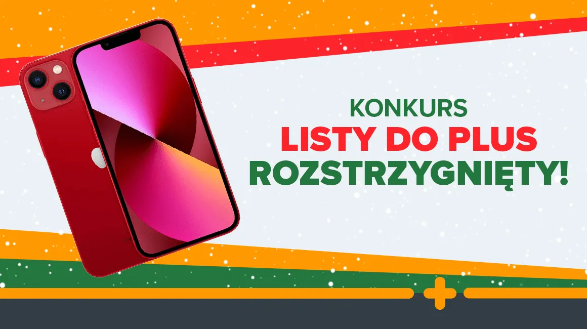 Grafika ogłaszająca rozstrzygnięcie konkursu „Listy do Plus” z nagrodą – czerwonym iPhonem 13