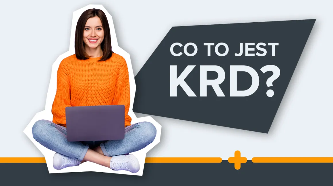 Uśmiechnięta kobieta w pomarańczowym swetrze z laptopem, obok napis: Co to jest KRD?