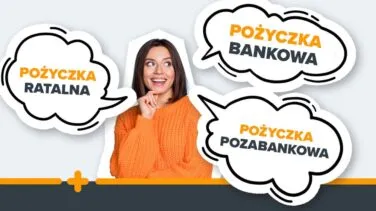 Kobieta otoczona dymkami z napisami: pożyczka ratalna, pożyczka bankowa, pożyczka pozabankowa